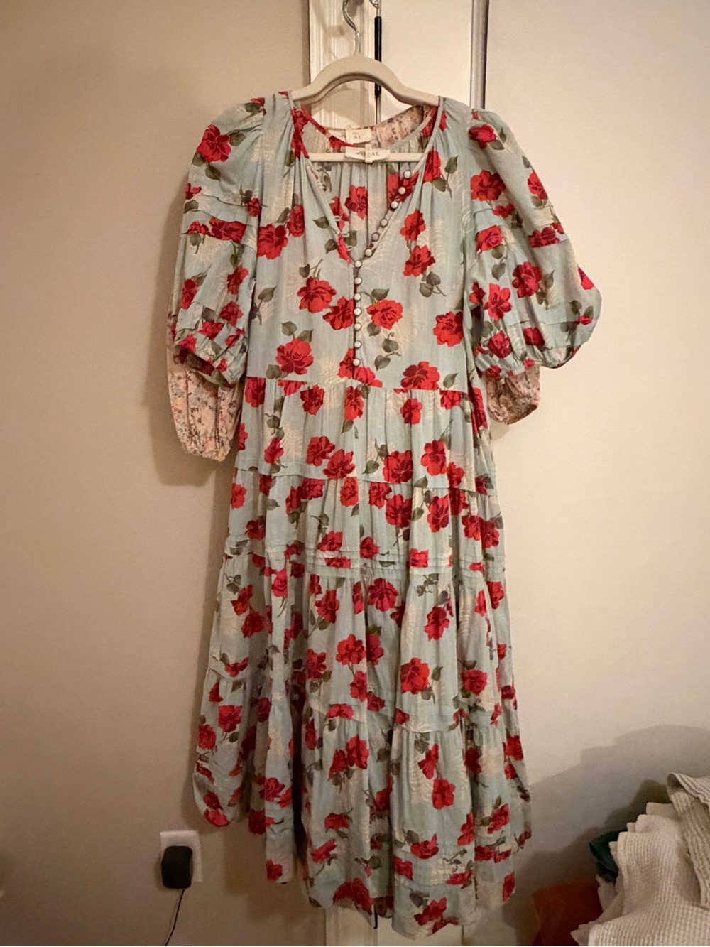 THE GREAT. Light Blue Midi Dress with Red Floral Print